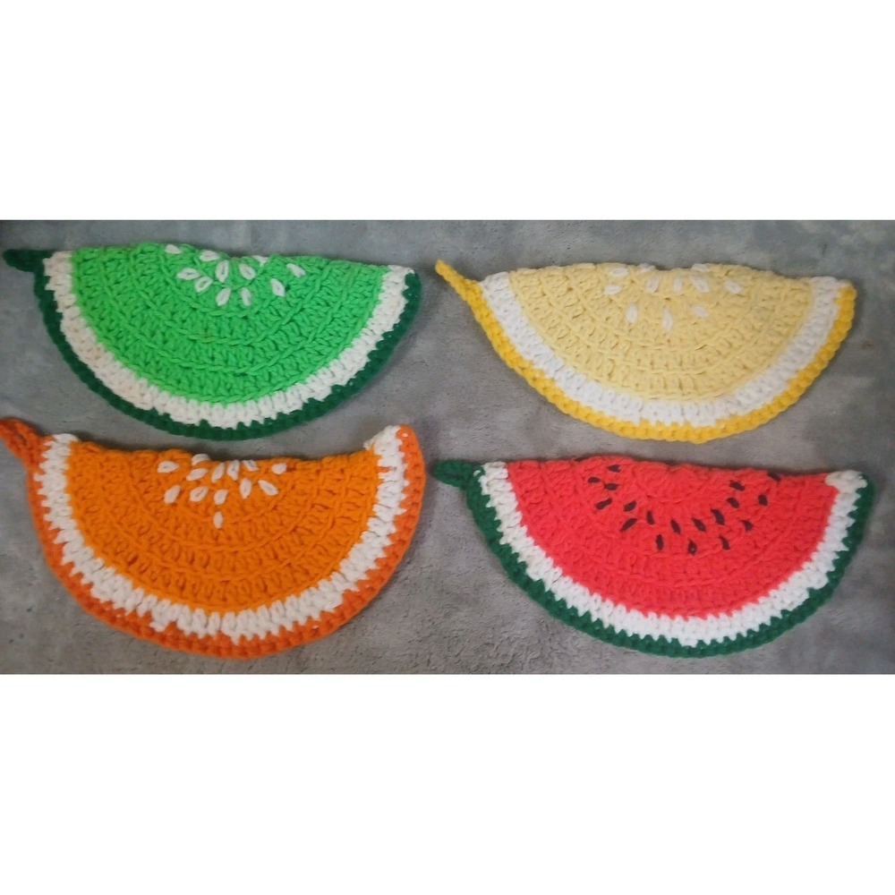 4 Handmade Crochet Pot Holders Fruit Slices Orange Lime Lemon‎ Watermelon READ